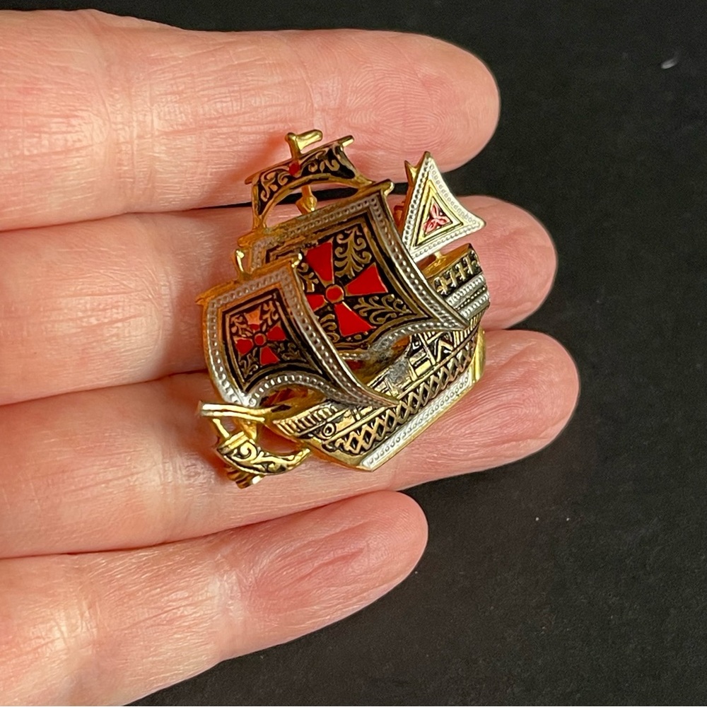 Vintage Spanish Damascene Gold Tone & Red Enamel … - image 6